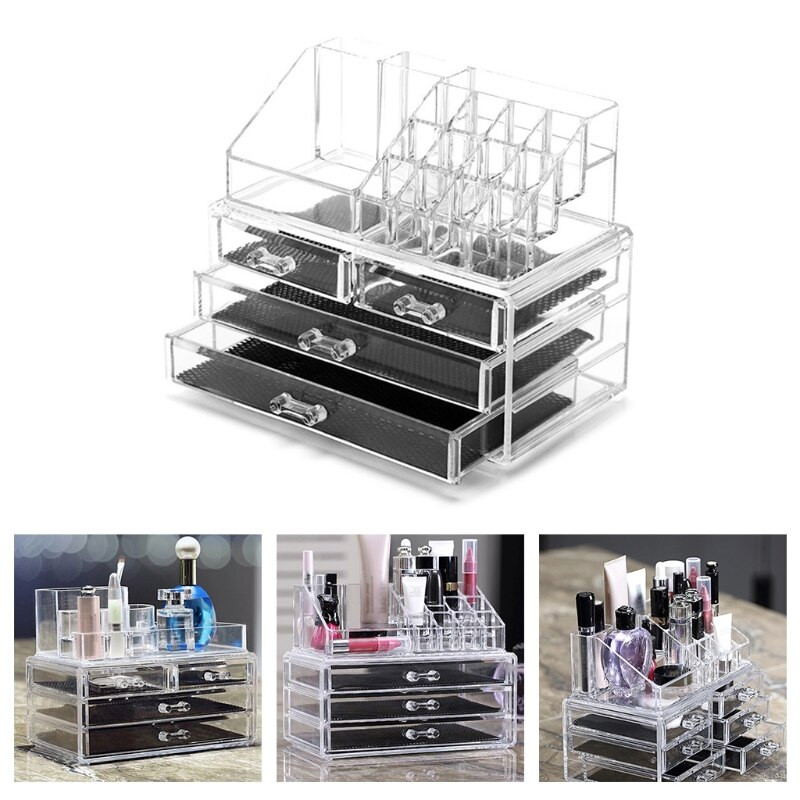 Priehľadný akrylový organizér na make-up a kozmetiku so 4 zásuvkami, úložný box na šperky, rúže, vitríny, boxy na kúpeľňovú dosku
