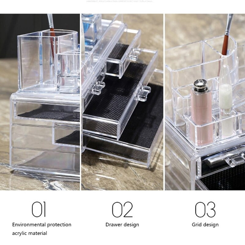 Priehľadný akrylový organizér na make-up a kozmetiku so 4 zásuvkami, úložný box na šperky, rúže, vitríny, boxy na kúpeľňovú dosku