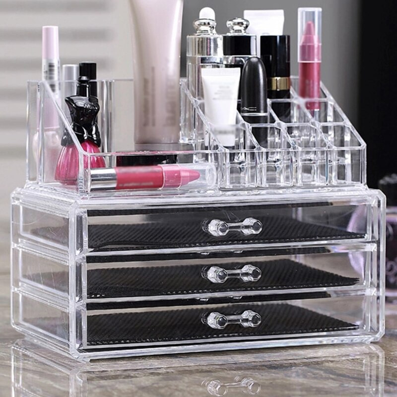 Priehľadný akrylový organizér na make-up a kozmetiku so 4 zásuvkami, úložný box na šperky, rúže, vitríny, boxy na kúpeľňovú dosku