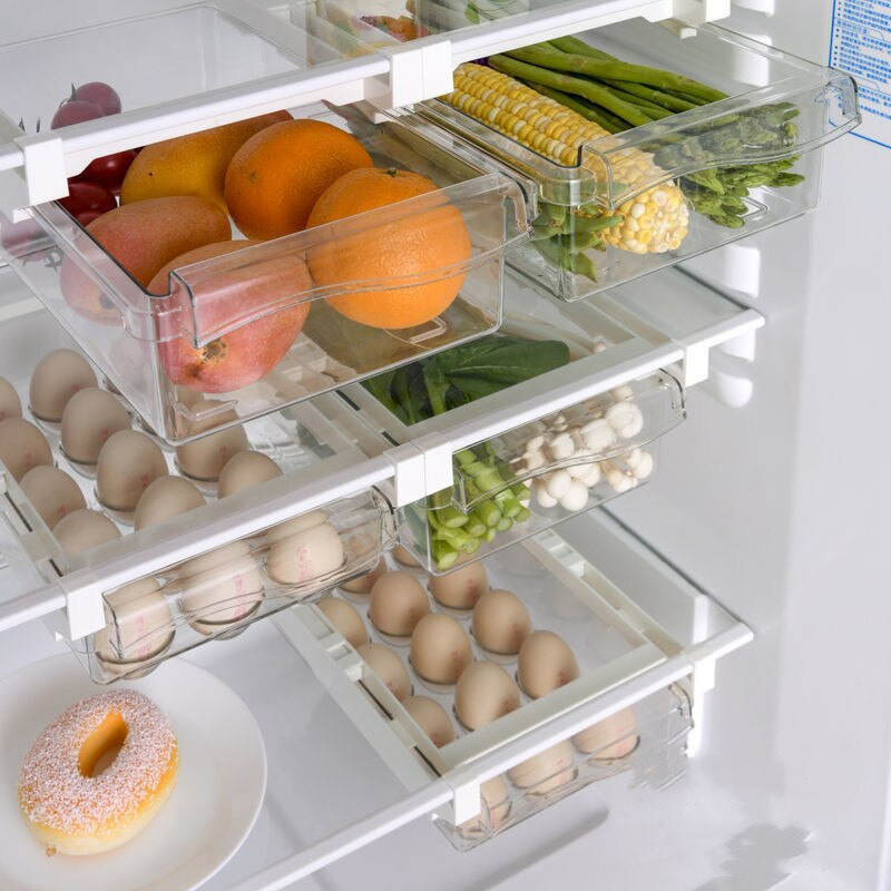 Hűtőszekrény tojás zöldséges műanyag tároló fiókok doboz helytakarékos elválasztó konténer szekrény belső kivehető konyhai szekrényhez