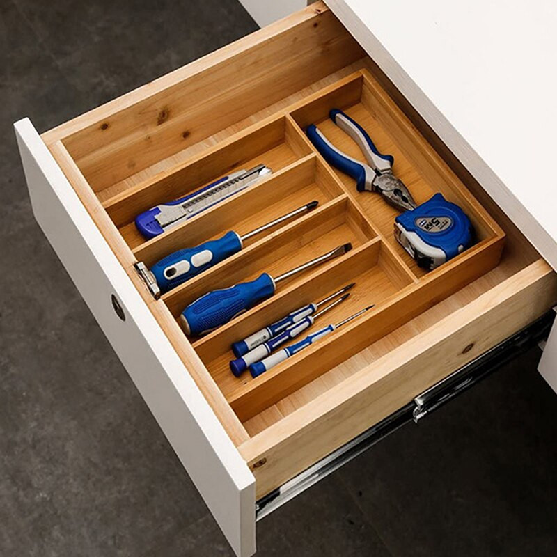 Bambusový zásobník na príbory, 5 mriežok, kuchynský úložný box, nezasúvateľný úložný box na riad, domáce šperky, náradie, zásuvkový organizér