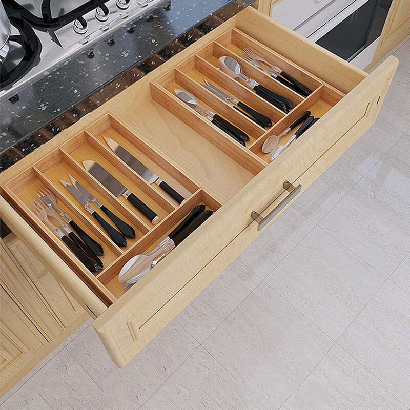 Tavă pentru tacâmuri din bambus, cu 5 grile, cutie de depozitare pentru bucătărie, cutii de depozitare pentru tacâmuri neretractabile, unelte pentru bijuterii de uz casnic, sertar organizator