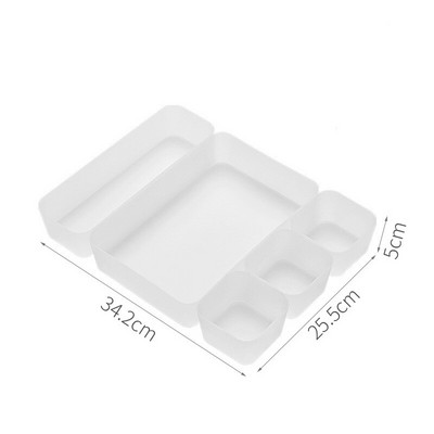 1 sada nastaviteľných zásuviek, úložný box, plastový organizér na drobnosti, deliaci box na kozmetiku, stolový rozdeľovač, dokončovacia krabica