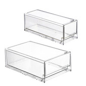 Priehľadné stohovateľné úložné boxy na organizáciu skrine a šatníka, opakovane použiteľné priehľadné stohovacie kontajnery s výsuvnou zásuvkou