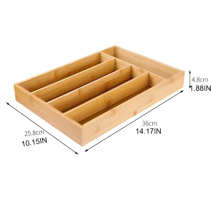 Organizér do kuchynskej zásuvky, 5 priehradiek, držiak na drevený riad, príbory, nože, lyžice, vidličky