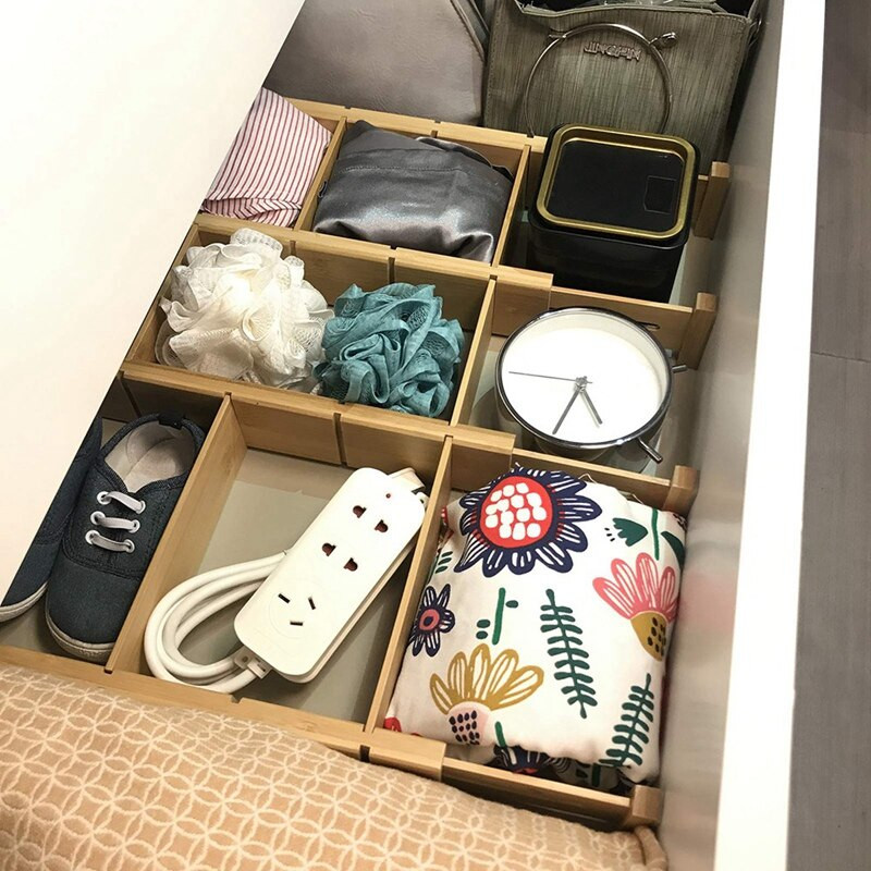 4-dielny bambusový organizér na deliace priečky do zásuviek so 6 extra mini deliacimi priečkami s pružinovým uložením do kuchyne, spálne, kúpeľne a kancelárie