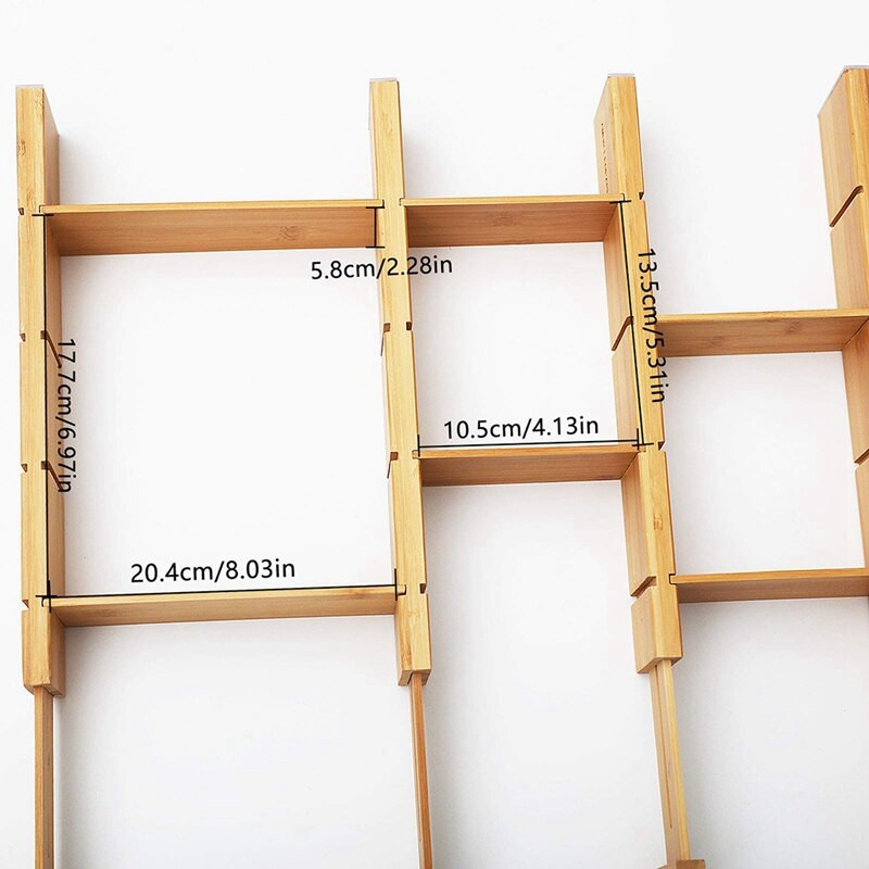 4-dielny bambusový organizér na deliace priečky do zásuviek so 6 extra mini deliacimi priečkami s pružinovým uložením do kuchyne, spálne, kúpeľne a kancelárie