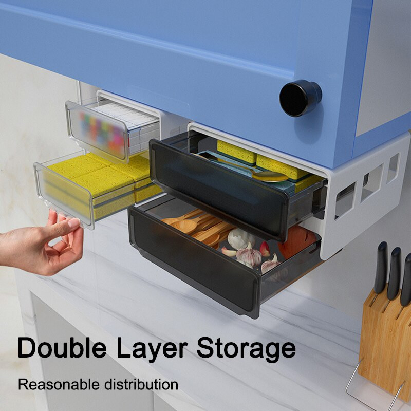 Organizator de sertar sub birou cu 2 straturi Sertar de depozitare autoadeziv ascuns sub masă Cutie de papetărie pentru birou/sala de clasă/casă