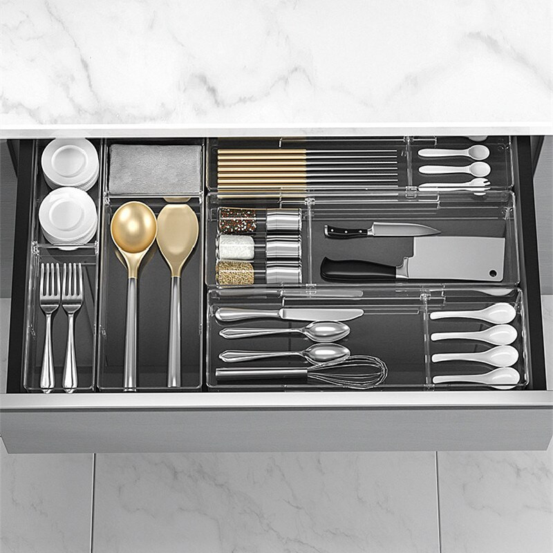 Kuchynský organizér na zásuvky, deliaca priečka, úložný priestor na riad, oddeľovacia skrinka, plastová príborová priečka, nastaviteľná domácnosť