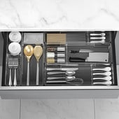 Kuchynský organizér na príbory, zásuvka, úložný priestor, plastová oddeľovacia krabica, nábytok, stôl, lyžica, riad, skrytá nastaviteľná skrinka