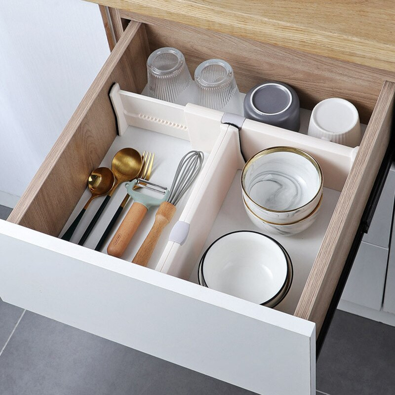 Állítható tároló fiókok elválasztó Behúzható műanyag fiókelválasztó tartó Konyhai fiók rendszerező Szekrény fiókelválasztók