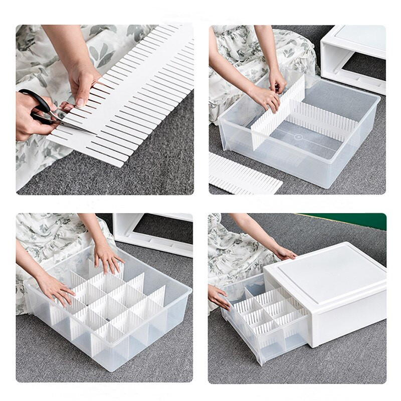 Stalčių plastikinis skirstytuvas Nemokamas derinys, savavališkas apkarpymas „pasidaryk pats“ reguliuojama laikymo pertvara, taupanti vietą įvairioms reikmėms