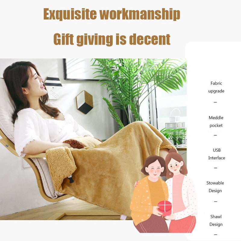 5V vyhrievacia deka, šál, multifunkčná prenosná vyhrievacia podložka na nohy, nabíjanie cez USB s vreckom, bezpečná a pohodlná pre telo