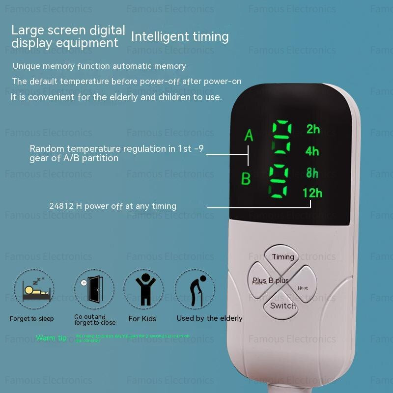 Zahustená 8-stupňová inteligentná elektrická deka pre domácnosť s jednou posteľou, dvojité ovládanie, časovanie vypnutia, elektrická vykurovacia deka