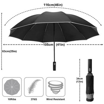 Αντιανεμική αντίστροφη αυτόματη ομπρέλα Βροχή Γυναικείες άντρες Αυτοκίνητο Μεγάλο Επαγγελματικό Ομπρέλες 3 Πτυσσόμενες Ομπρέλες 10 Ρίβ ανακλαστική ρίγα Δώρο Ομπρέλα