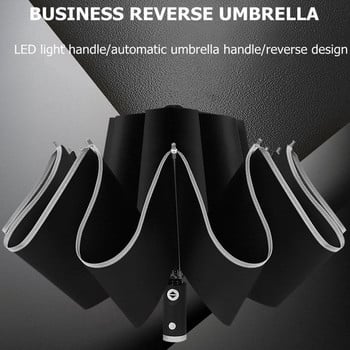 Αυτόματη ομπρέλα Γυναικεία αντανακλαστική λωρίδα ανάποδο led ομπρέλα με τρεις πτυσσόμενες ανεστραμμένες 10 νευρώσεις Αντιανεμικές ομπρέλες Ταξίδι