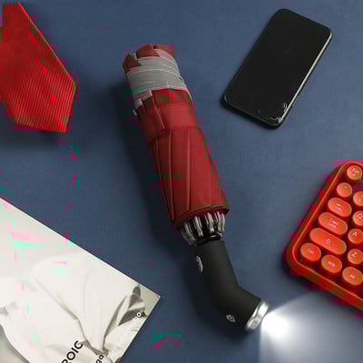 Automatický dáždnik s reflexným pruhom, reverzným LED svetelným dáždnikom, tromi skladacími, obrátenými, 10 rebrami, vetruodolnými dáždnikmi, cestovnými...