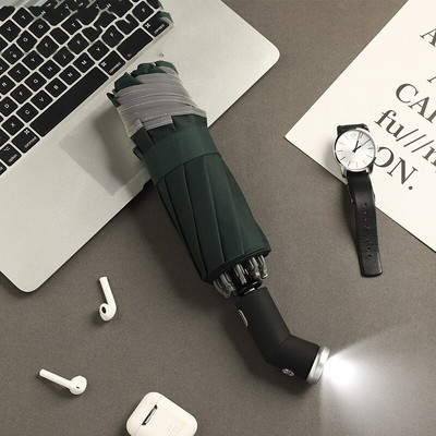Automatický dáždnik s reflexným pruhom, reverzným LED svetelným dáždnikom, tromi skladacími, obrátenými, 10 rebrami, vetruodolnými dáždnikmi, cestovnými...