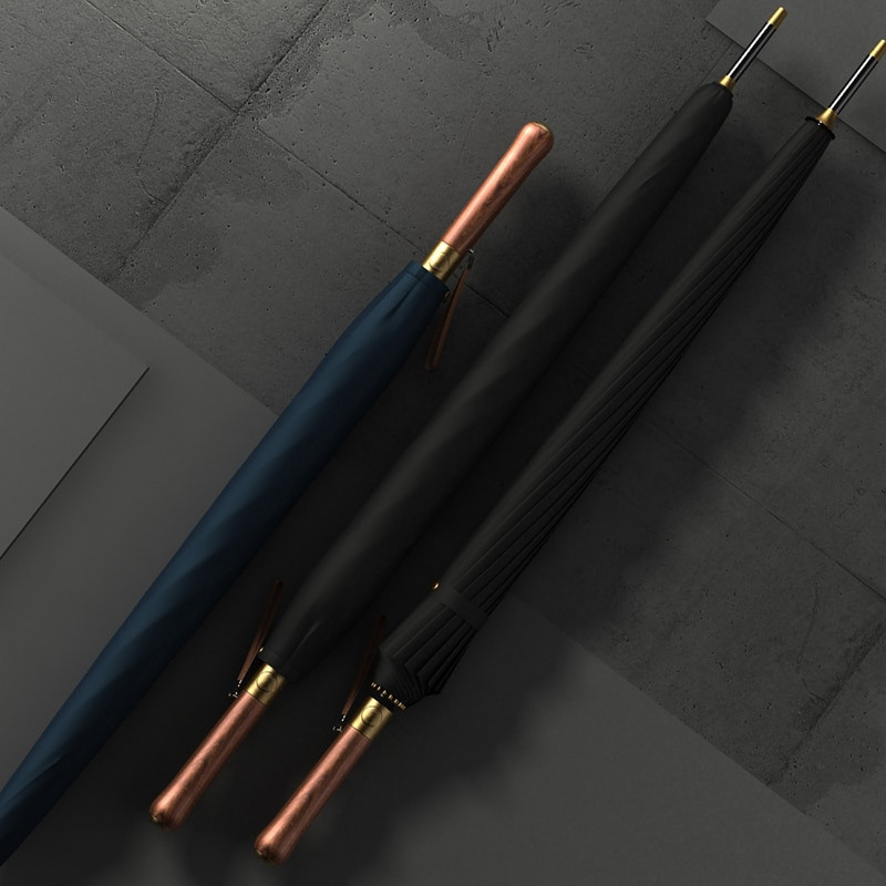 OLYCAT Luxusný dáždnik s drevenou rukoväťou Mental 112 cm, veľký, dlhý, pre mužov, čierne dáždniky so 16 rebrami, vetruodolný, dáždnik, darčeky pre Paraguay