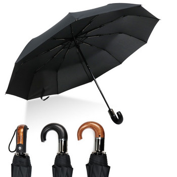 Ανθεκτική στον άνεμο Μεγάλη αυτόματη ομπρέλα βροχής Γυναικεία δερμάτινη Ξύλινη λαβή Business Ομπρέλα βρετανικού στυλ Ανδρικό δώρο 3πλάσια ομπρέλα