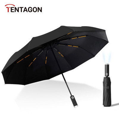 TENTAGON Automatický dáždnik s LED baterkou, trojskladací UV dáždnik do dažďa a slnka, 10 rebier, vetruodolný prenosný slnečník