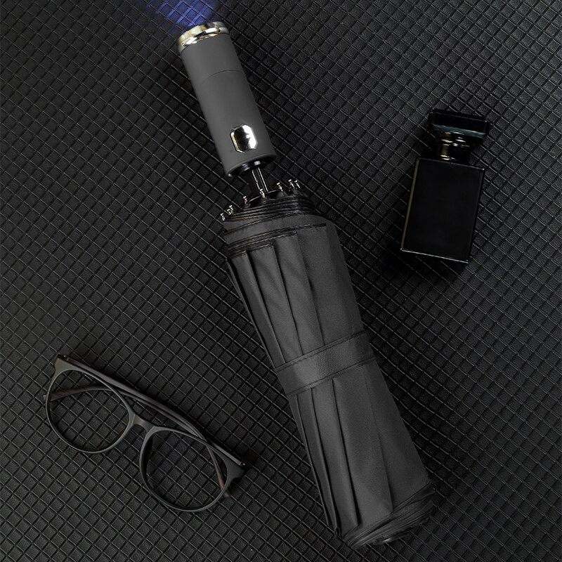 TENTAGON automata esernyő LED zseblámpával Három összecsukható UV esernyő esőre és napra 10 bordás szélálló hordozható napernyő