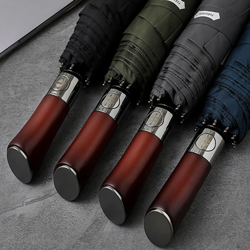 Vetruodolný veľký dáždnik pre mužov, 10 rebier, plne automatický dáždnik, silný dážď, vonkajší drevený skladací dáždnik, kompaktný slnečník