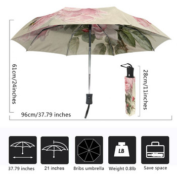 Vintage Shabby Floral Print Γυναικεία ομπρέλα βροχής Κομψή ροζ τριαντάφυλλο Τρία πτυσσόμενα κορίτσια ανθεκτική φορητή ομπρέλα Automatic Parapluie