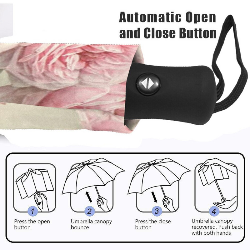 Dámsky dáždnik s kvetinovou potlačou, vintage, ružový, trojskladací, dievčenský, odolný, prenosný, automatický, parapluie