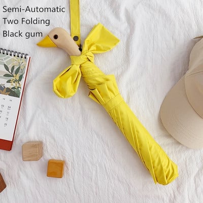 Мъжки чадър Сладка патешка глава Дървена дръжка 2 сгъваеми ветроустойчиви черни покрития UV защита Дамски Чадър за дъжд Автоматични чадъри