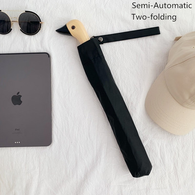 Мъжки чадър Сладка патешка глава Дървена дръжка 2 сгъваеми ветроустойчиви черни покрития UV защита Дамски Чадър за дъжд Автоматични чадъри