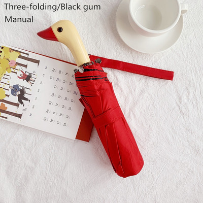 Мъжки чадър Сладка патешка глава Дървена дръжка 2 сгъваеми ветроустойчиви черни покрития UV защита Дамски Чадър за дъжд Автоматични чадъри