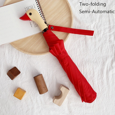 Мъжки чадър Сладка патешка глава Дървена дръжка 2 сгъваеми ветроустойчиви черни покрития UV защита Дамски Чадър за дъжд Автоматични чадъри