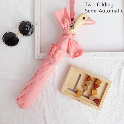 Мъжки чадър Сладка патешка глава Дървена дръжка 2 сгъваеми ветроустойчиви черни покрития UV защита Дамски Чадър за дъжд Автоматични чадъри