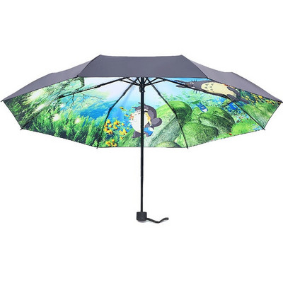 Автоматичен аниме Totoro Rain Sun Umbrella за жени Ветроустойчив японски Glibli Studio UV Umbrella Преносим слънчобран Хубав подарък
