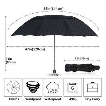 Двуслоен 3-сгъваем чадър за дъжд Жени Мъжки Големи 10K ветроустойчиви бизнес чадъри Мъжки чадър с тъмна решетка Семейни пътувания Paraguas