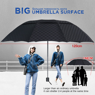 Двуслоен 3-сгъваем чадър за дъжд Жени Мъжки Големи 10K ветроустойчиви бизнес чадъри Мъжки чадър с тъмна решетка Семейни пътувания Paraguas