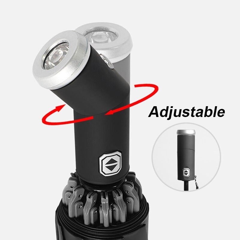 LED automatický vetruodolný dáždnik s reflexným pruhom, cúvacie svetlo, tri skladacie, obrátený, 10 rebier, nastaviteľný uhol, ochrana proti dažďu