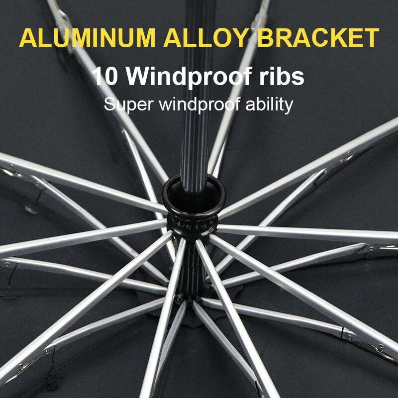 LED automatický vetruodolný dáždnik s reflexným pruhom, cúvacie svetlo, tri skladacie, obrátený, 10 rebier, nastaviteľný uhol, ochrana proti dažďu