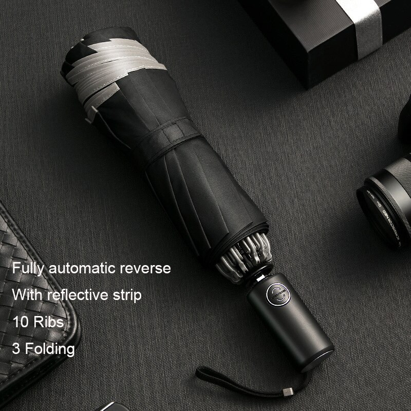 Plne automatický nadrozmerný vystužený dáždnik, trojskladací mužský/ženský slnečník, dáždnik proti dažďu, vetruodolný biznis dáždnik