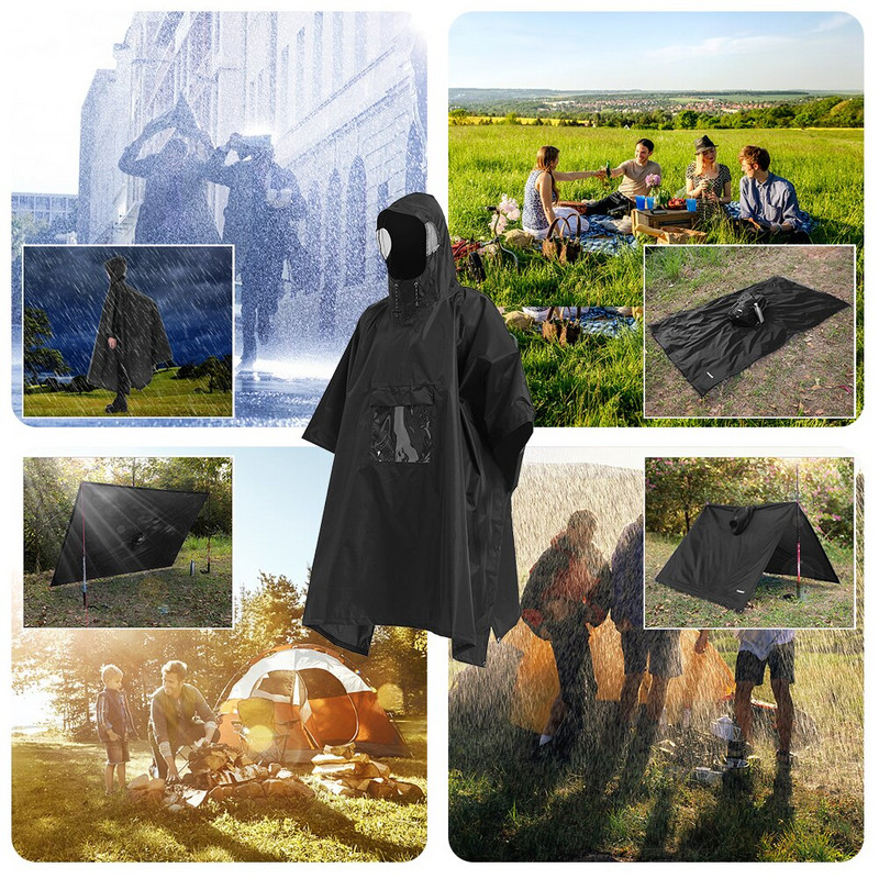 Poncho de ploaie 3 în 1, ușoară, impermeabilă, cu glugă, pentru bărbați, femei, drumeții în aer liber, ciclism, covoraș de camping, baldachin adăpost