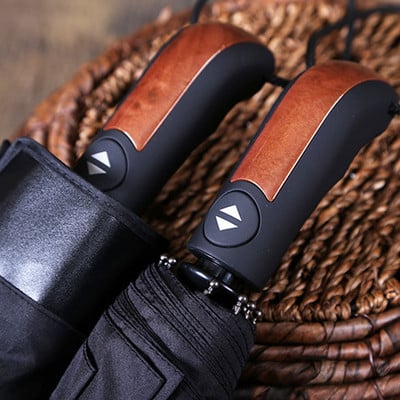 Britský kožený dáždnik s rukoväťou pre mužov, automatický, biznis, 10 rebier, silný, vetruodolný, 3-skladací, veľký dáždnik, dážďovka, dámsky slnečník