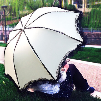 Слънцезащитен дантелен чадър Розов черен Моден компактен пътен 3-кратен здрав ветроустойчив чадър Дъждовни жени Момиче Анти UV чадър