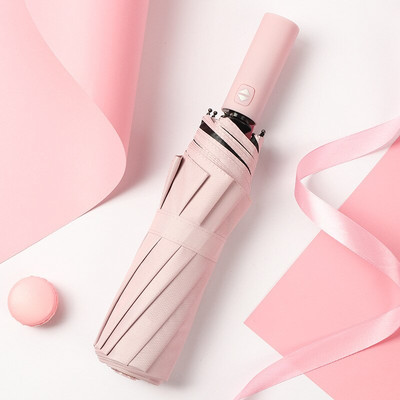 10-kosťový automatický dáždnik do každého počasia, čierny gumený dáždnik s cukríkovou farbou, UV ochrana proti slnku