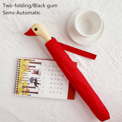 Poloautomatický slnečník, roztomilý kačací hlavičkový drevený držiak, 8k 2 skladací, vetruodolný, čierny náter, UV ochrana, dámske dáždniky