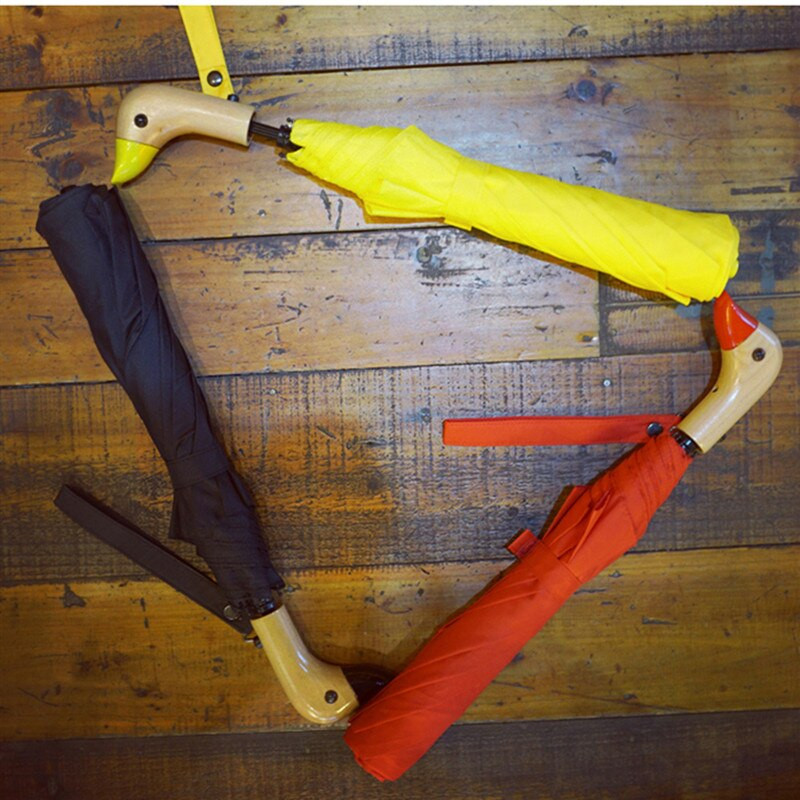 Poloautomatický slnečník, roztomilý kačací hlavičkový drevený držiak, 8k 2 skladací, vetruodolný, čierny náter, UV ochrana, dámske dáždniky