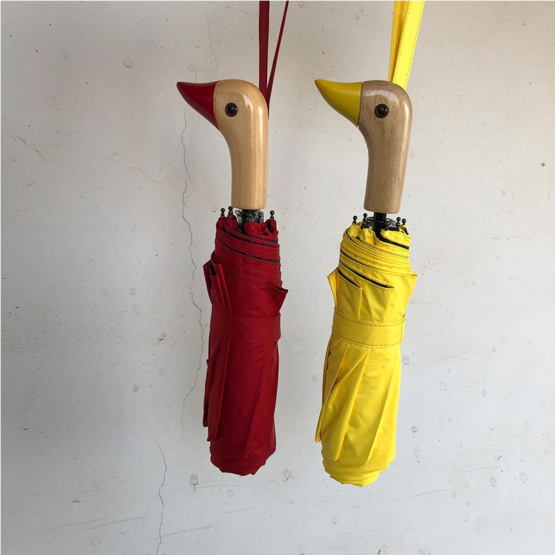 Poloautomatický slnečník, roztomilý kačací hlavičkový drevený držiak, 8k 2 skladací, vetruodolný, čierny náter, UV ochrana, dámske dáždniky