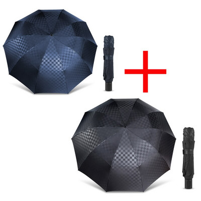 Vetruodolný 3-skladací dáždnik, dáždnik pre ženy a mužov, dvojvrstvový, veľký 10K obchodný dáždnik pre mužov, tmavá mriežka, paraguas, rodinný cestovný slnečník