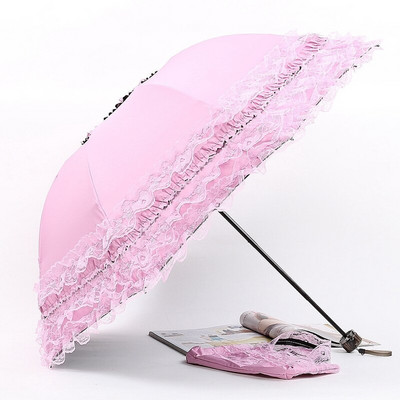 Sun Lace Umbrella Rain Moterų kremas nuo saulės Korėjiečių trijų sulankstomas skėtis UV skaidrus Princess Windproof Wedding Bride Ombrello Dovana