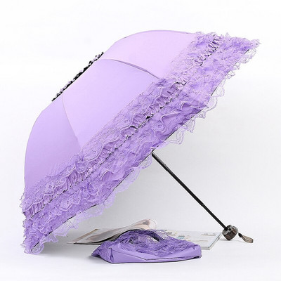 Sun Lace Umbrella Rain Moterų kremas nuo saulės Korėjiečių trijų sulankstomas skėtis UV skaidrus Princess Windproof Wedding Bride Ombrello Dovana